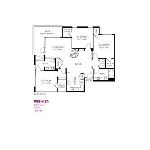 Floor plan for 3 beds, 2 baths, 1559 sqft